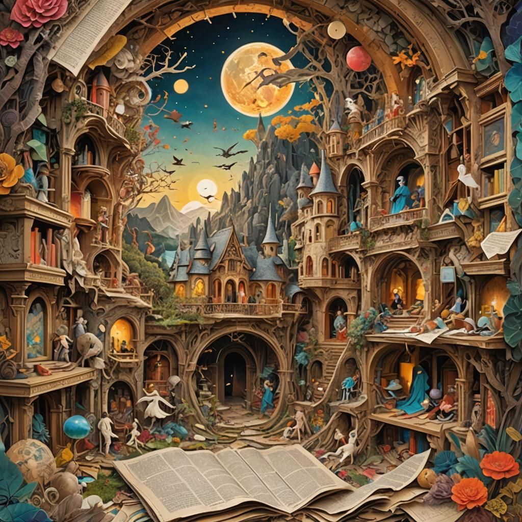 Whimsical Beings in Eerie Collage Landscape