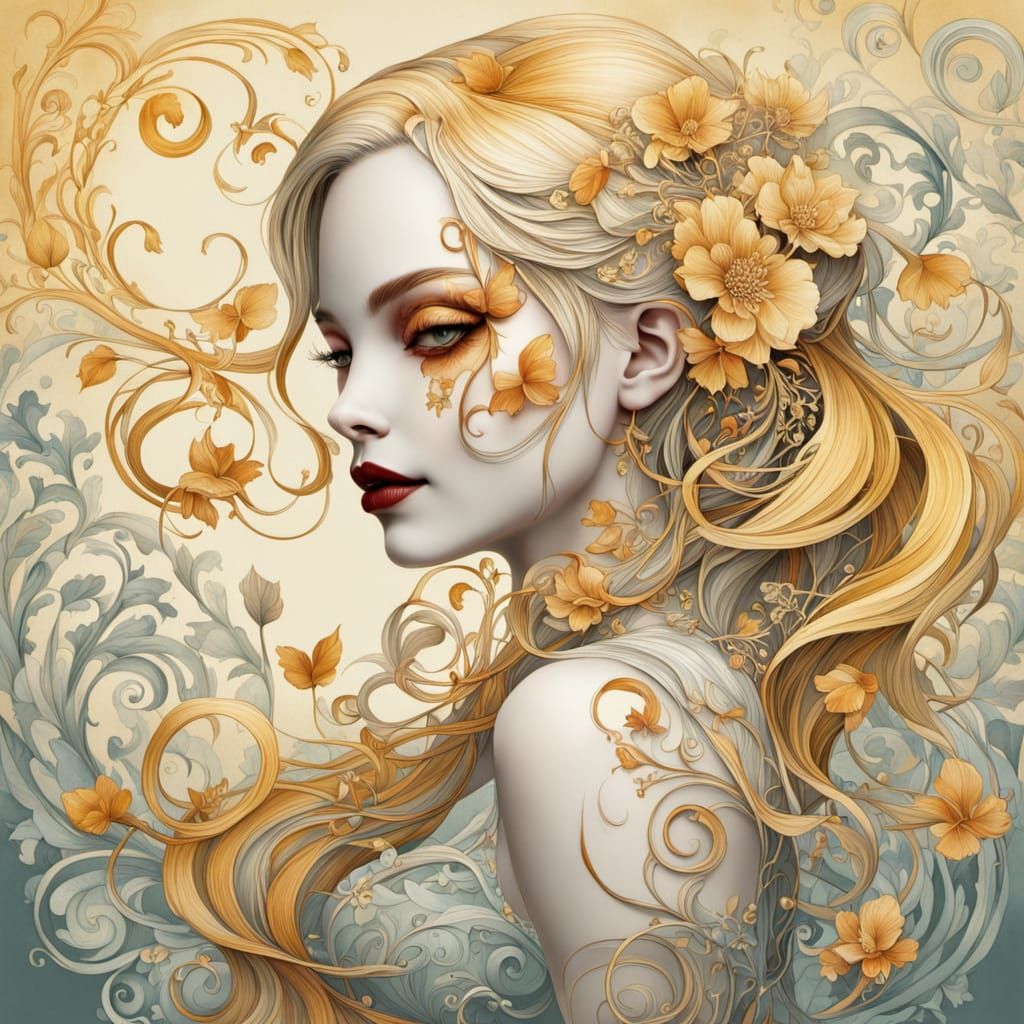 Surreal Harley Quinn Portrait in Whimsical Art Nouveau Style