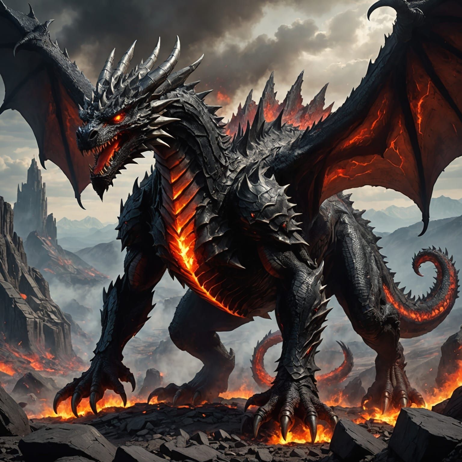 Epic Darkness Dragon in a Destroyed Magma Land