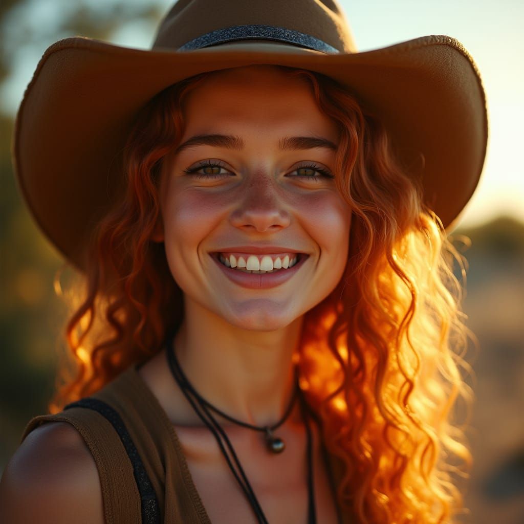 Red-Haired Cowgirl Winks at the Camera in a Futuristic Weste...