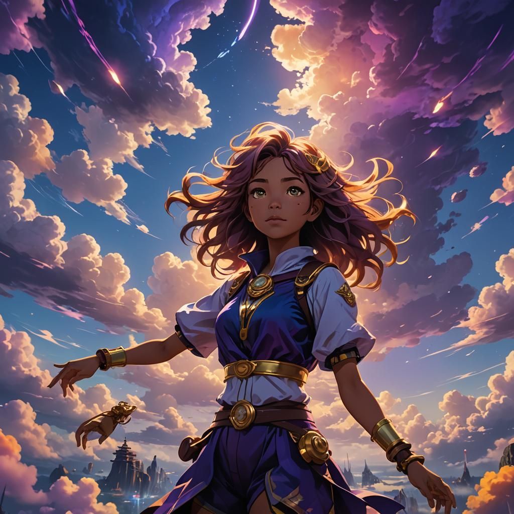 Anime Girl on Floating Islands with Neon Lights