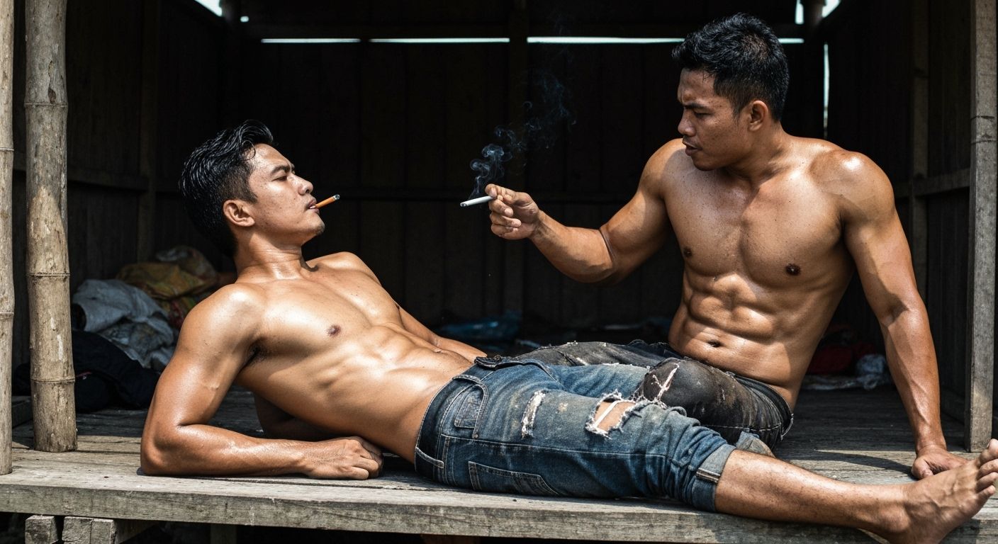 Muscular Indonesian Men Smoking in a Shack