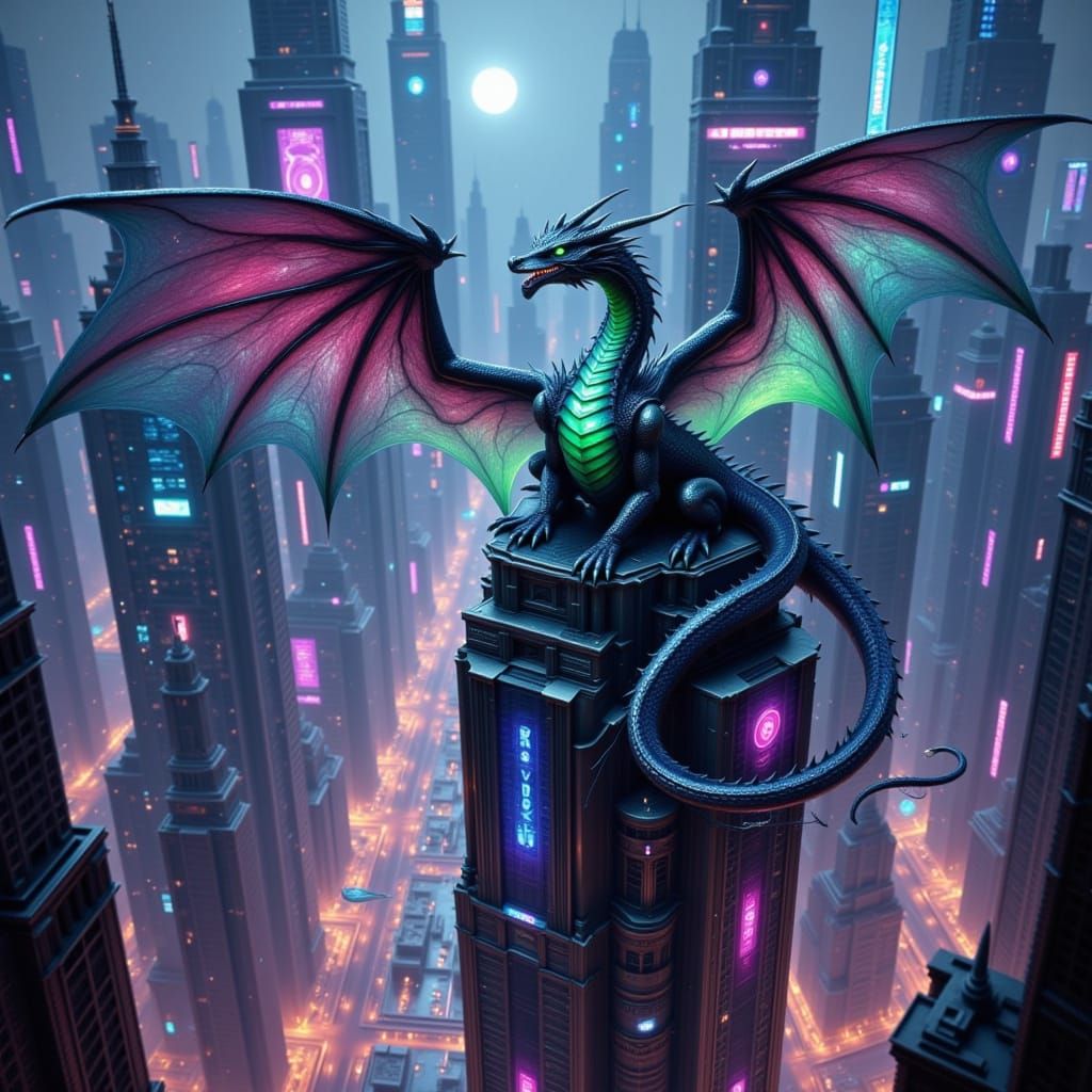 Cyberpunk Dragon on Holographic Skyscraper