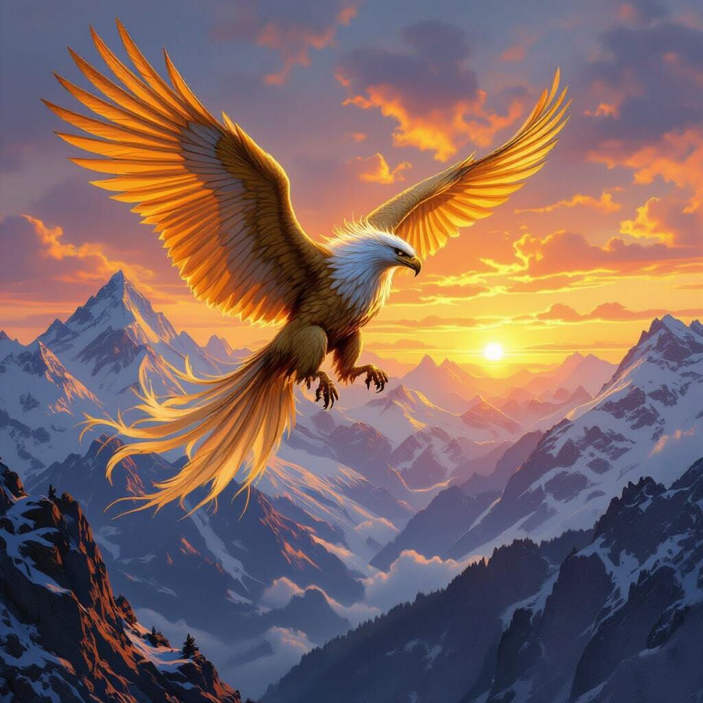 Griffin Soaring Over Misty Mountains at Dawn
