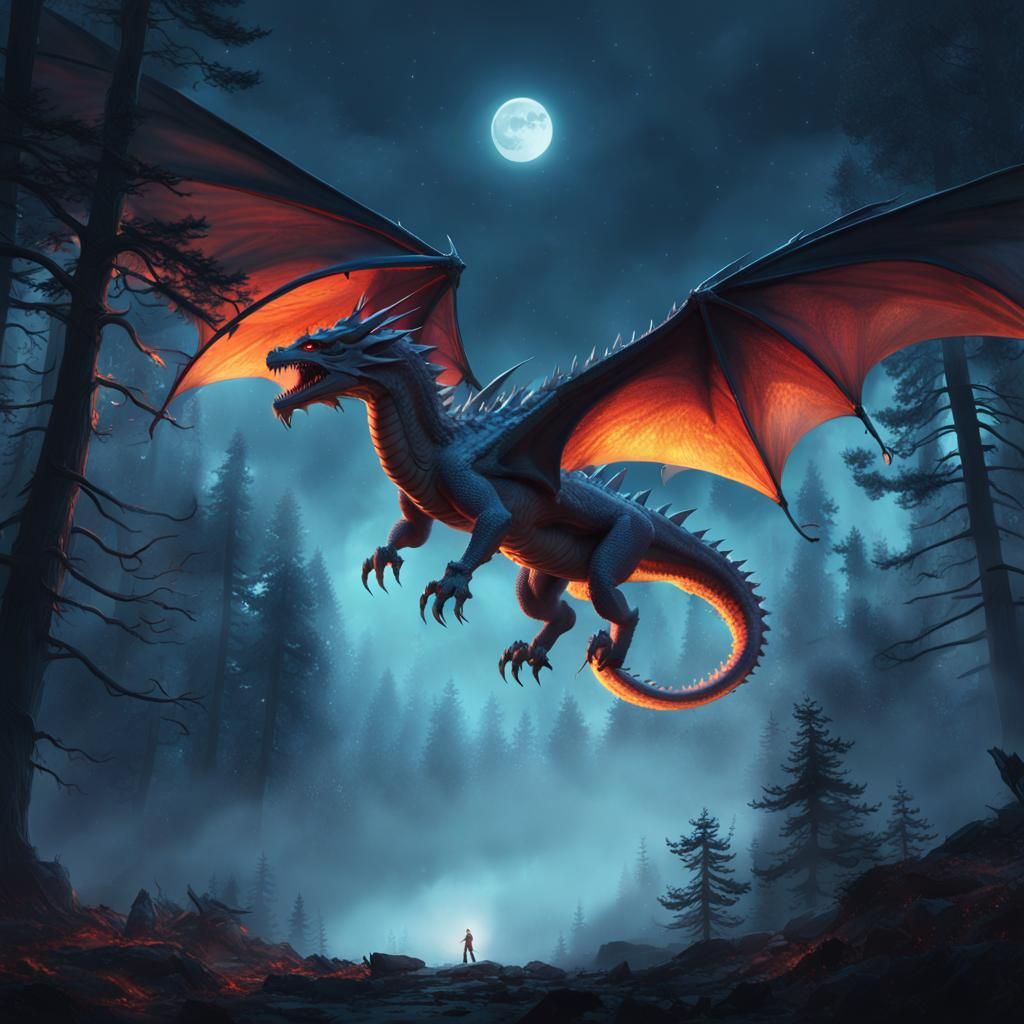 Majestic Hart Dragon Soaring Through Misty Forest