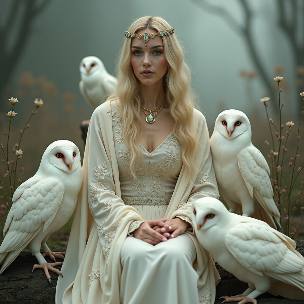 Ethereal Woman with Owls in Renaissance Style