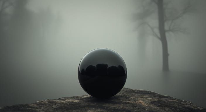 Obsidian Sphere in Foggy Landscape: Matte Painting