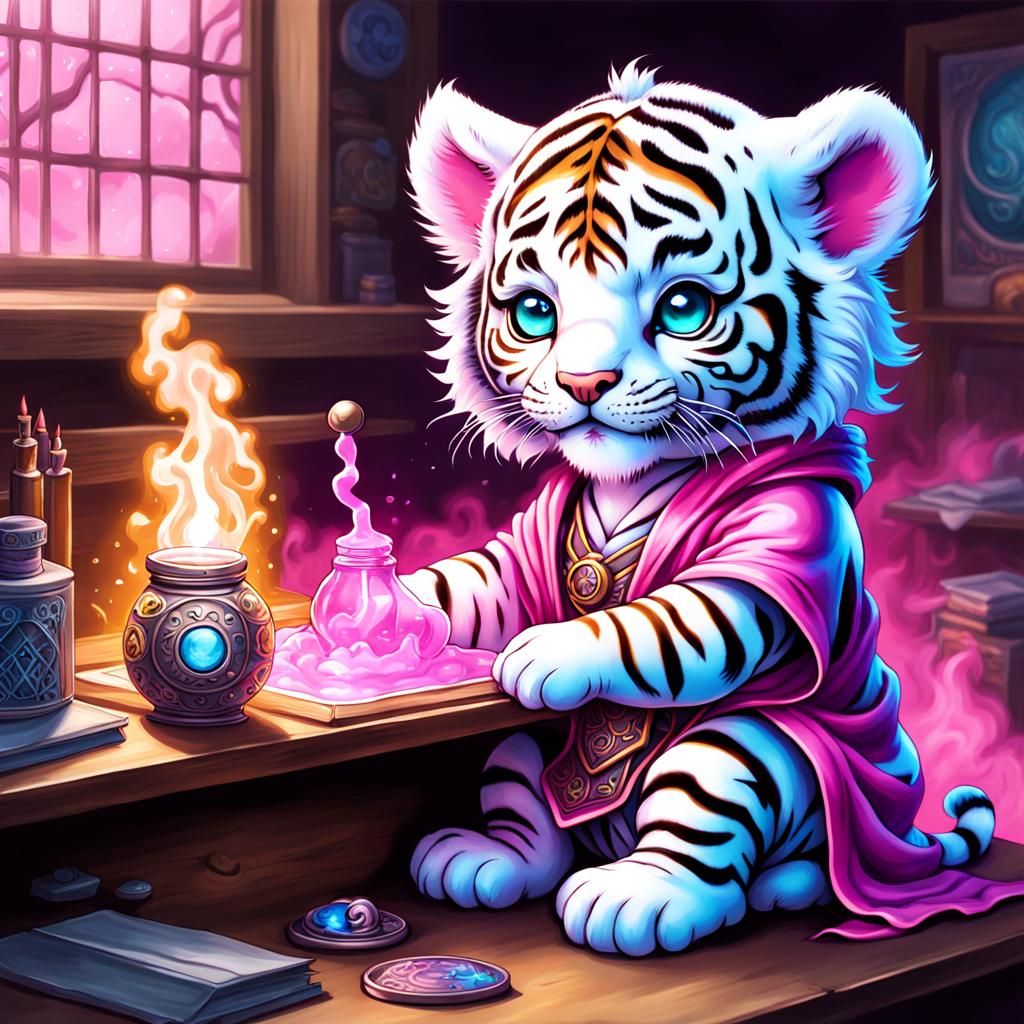 Chibi White Tiger Sorcerer's Apprentice in Laboratory