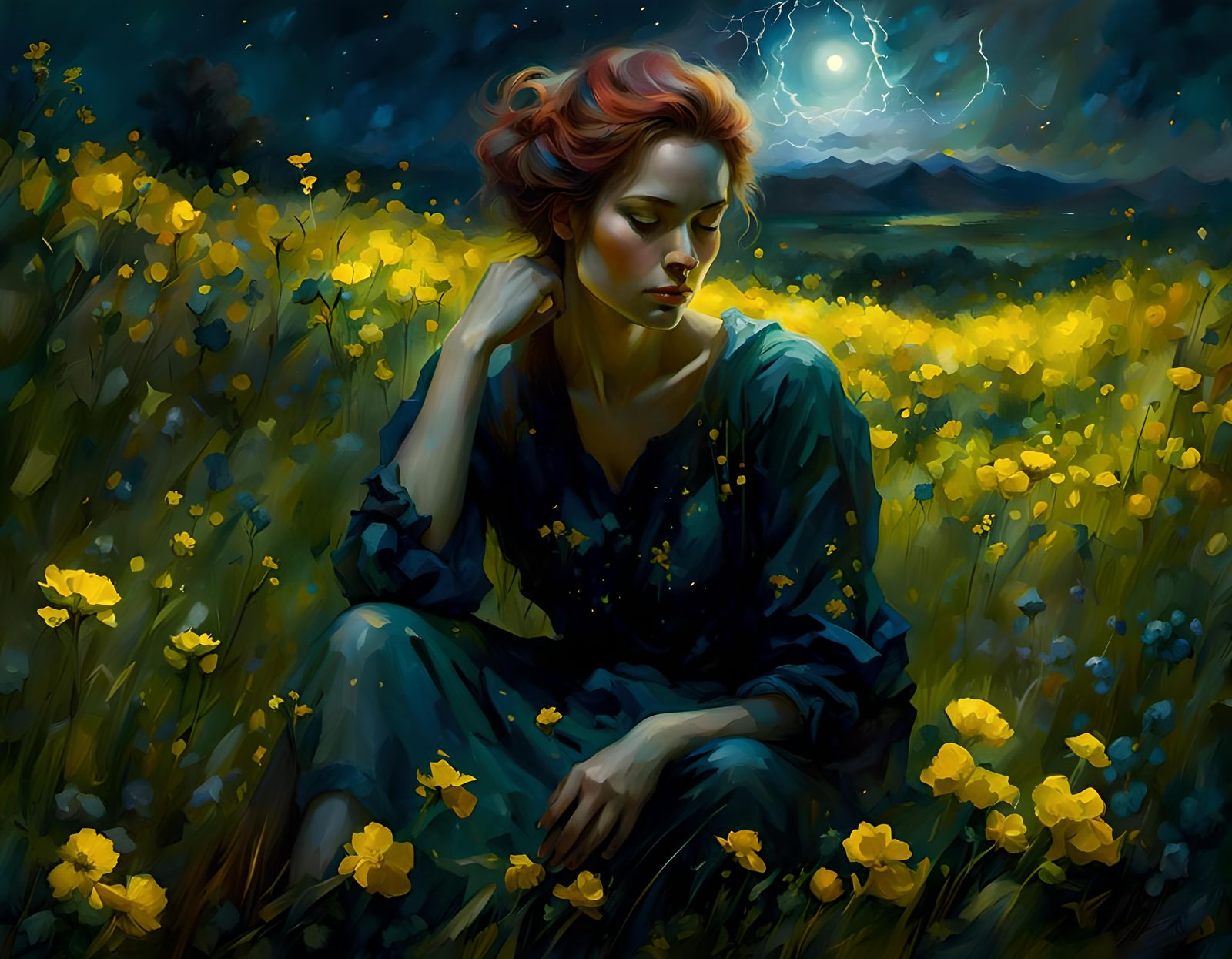 In a flower field at night