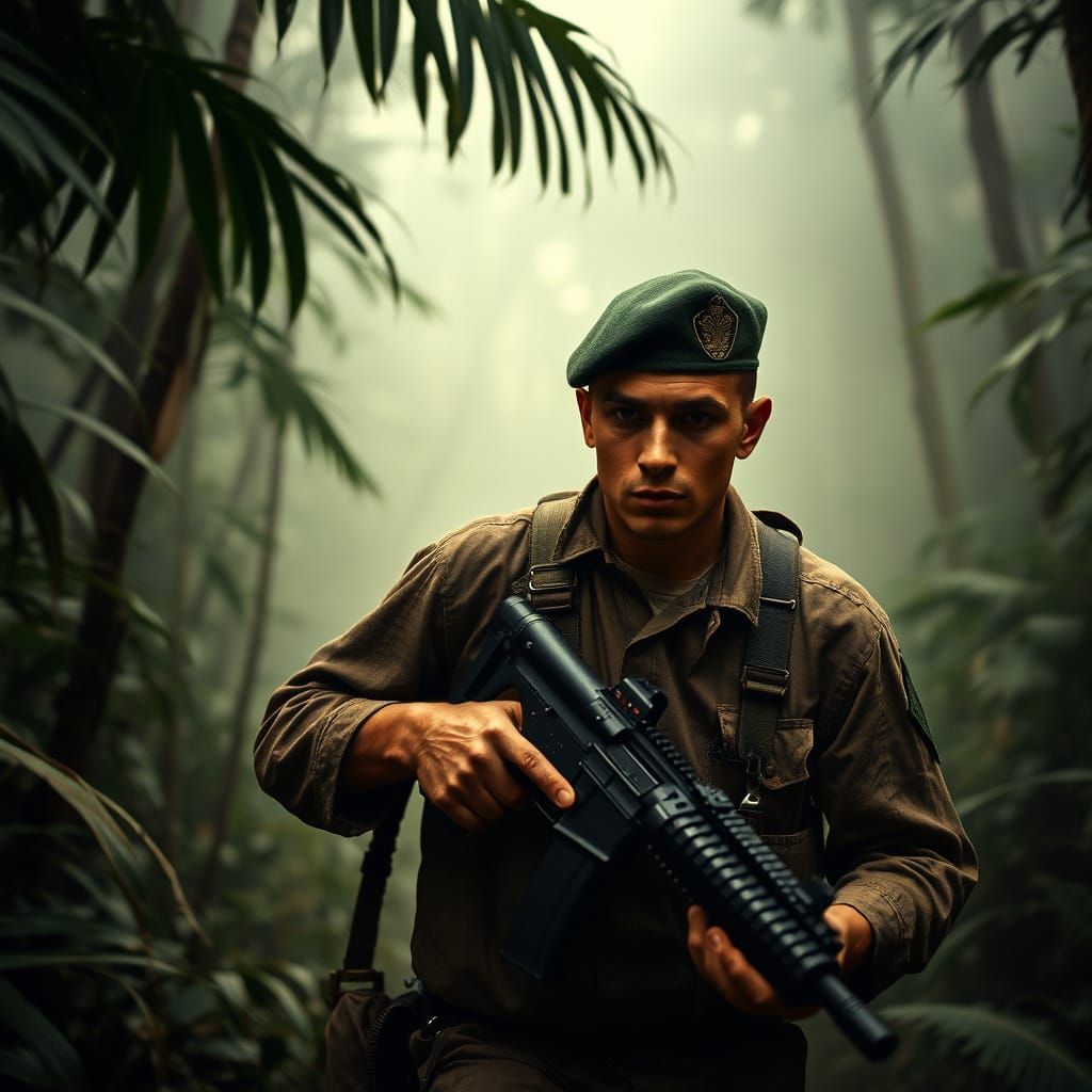 War-Torn Jungle Commando in Gritty Cinematic Style