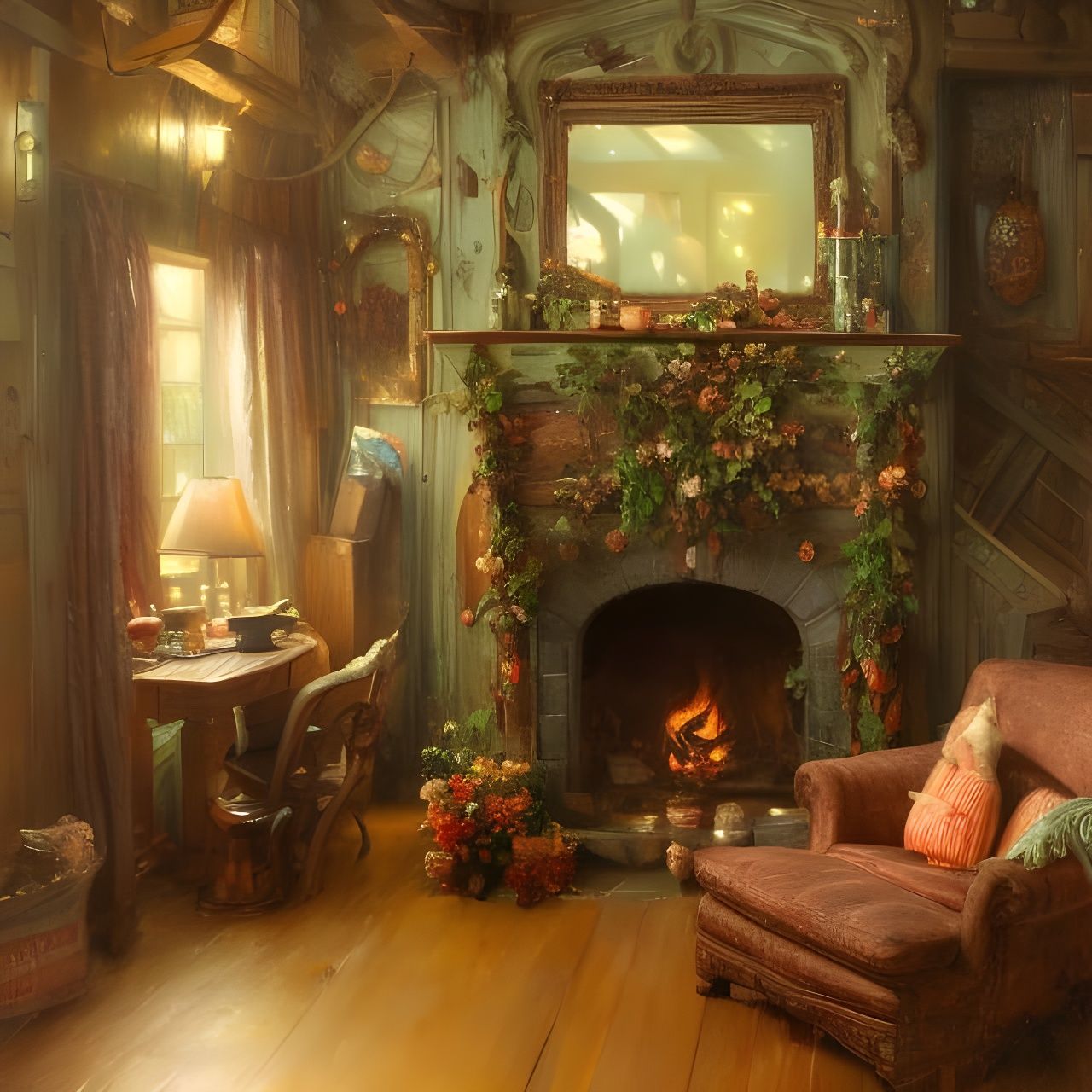 Cozy Cottage Interior with Fireplace: Digital Painting