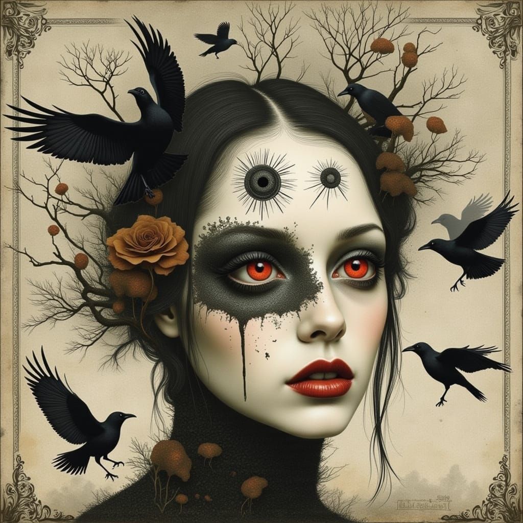 Gothic Woman Portrait with Ravens and Decaying Leaves