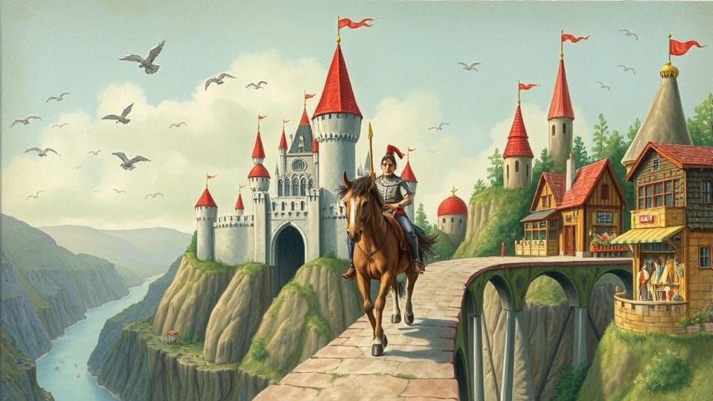 Fantastical Warrior Rides Out of Enchanted Castle Gate