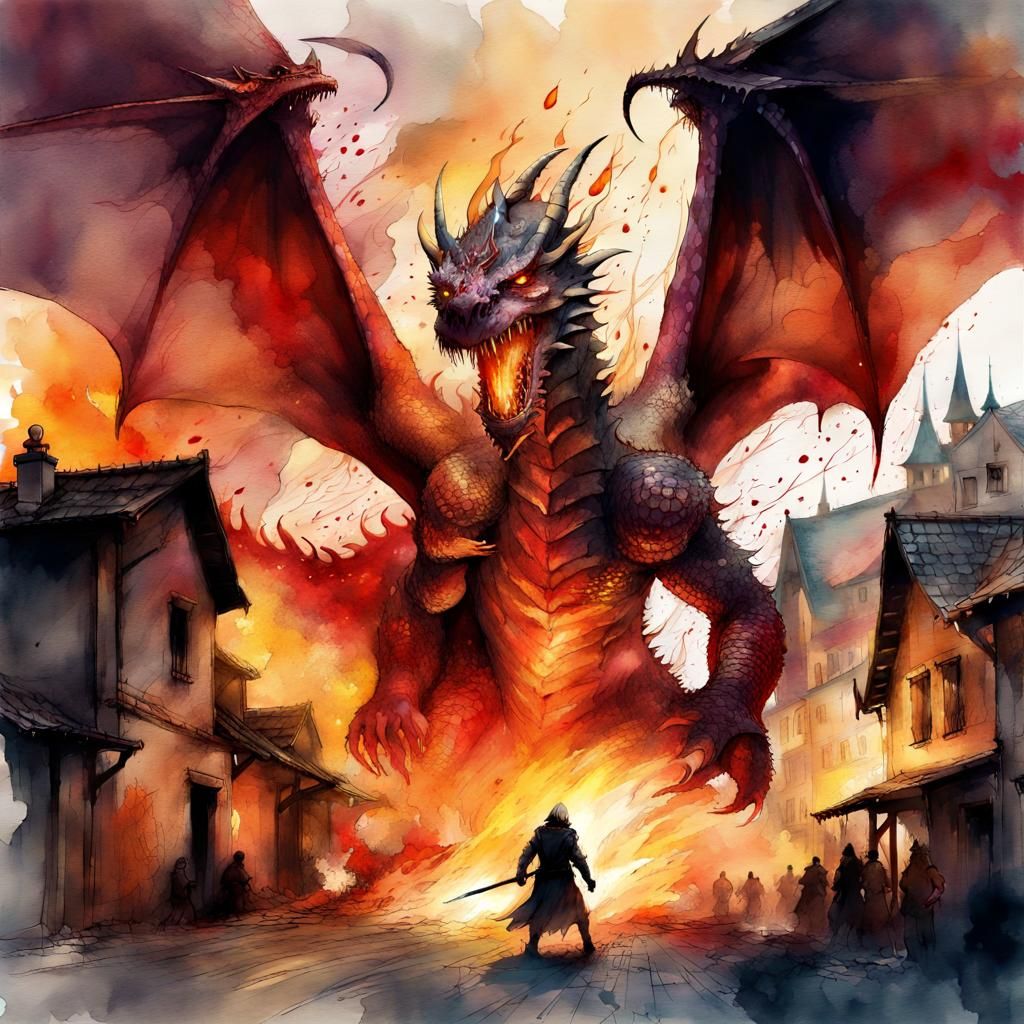Dragon Attacks Medieval Town in Watercolor Style
