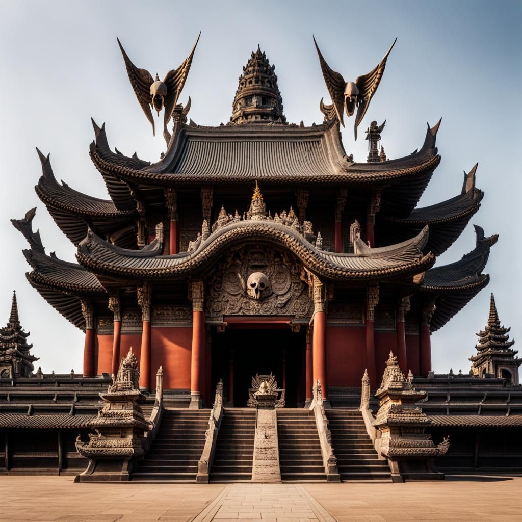 Temple with Flying Goblin Bird Skull Statue
