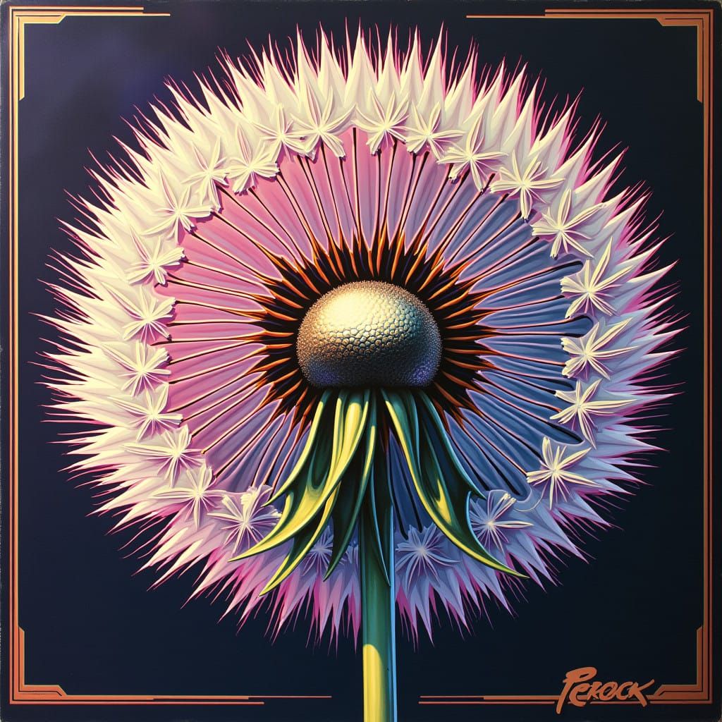 Shiny Chrome LP Cover in Op-Art Style with 3D Dandelion