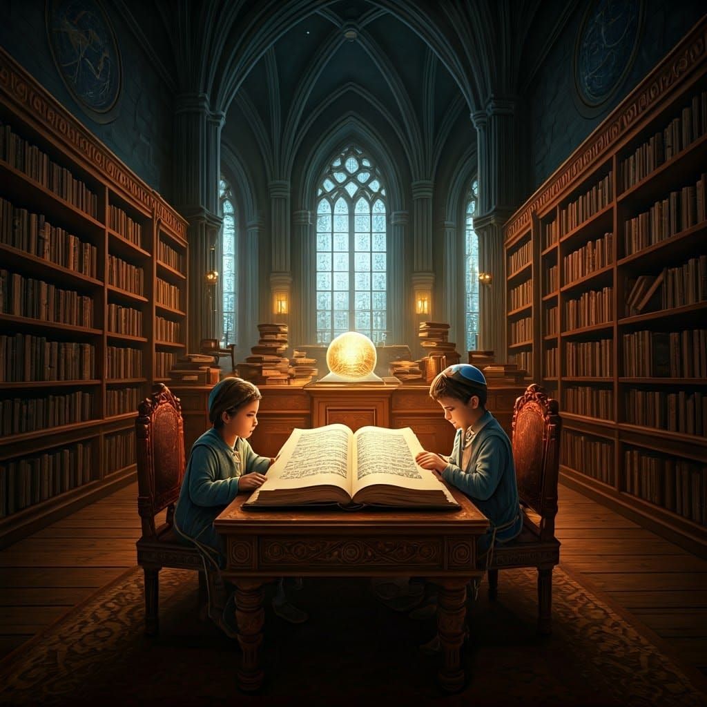 Children Learning from Ancient Torah in a Mystical Library