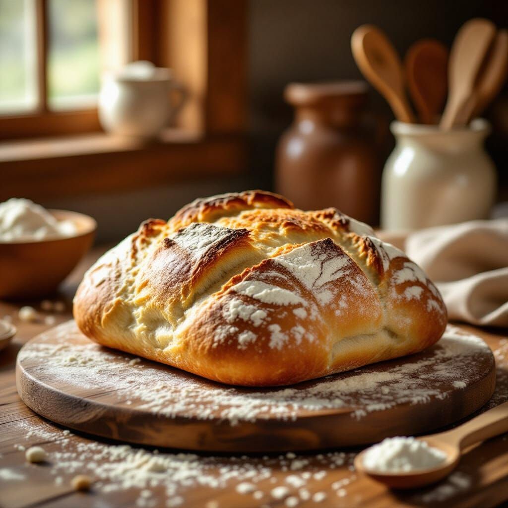 Golden Bread Loaf Dusted With Flour on Rustic Table