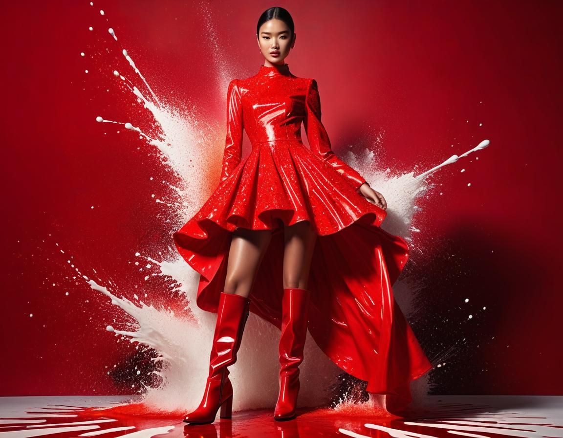 Model in Red Gown: Hyperrealistic Splash Art