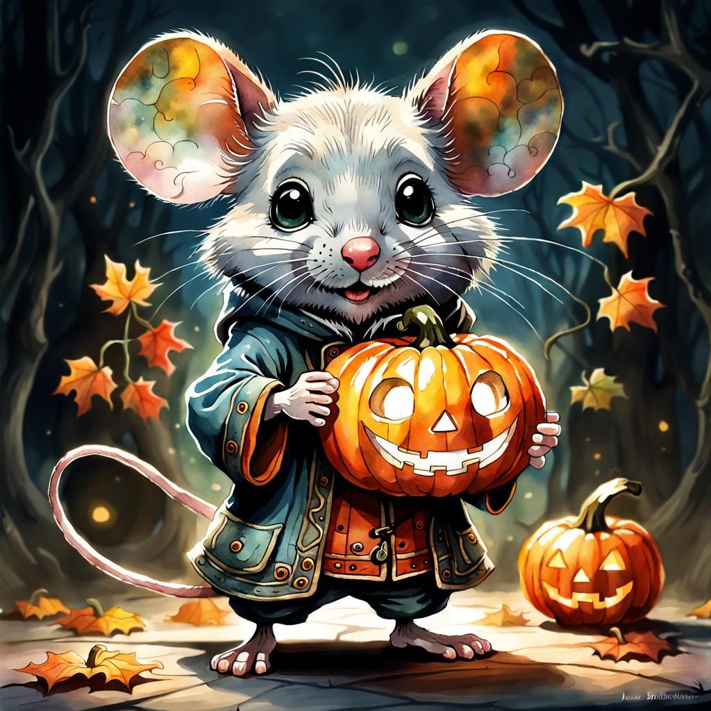 Whimsical Mouse with Jack-o'-Lantern in Watercolor