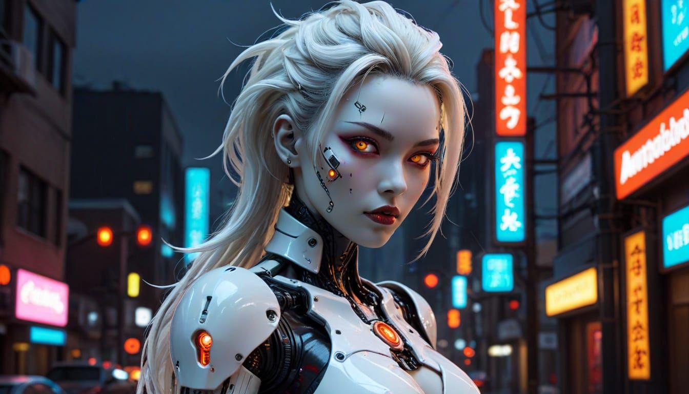 Cyberpunk Gynoid in Neon Cityscape