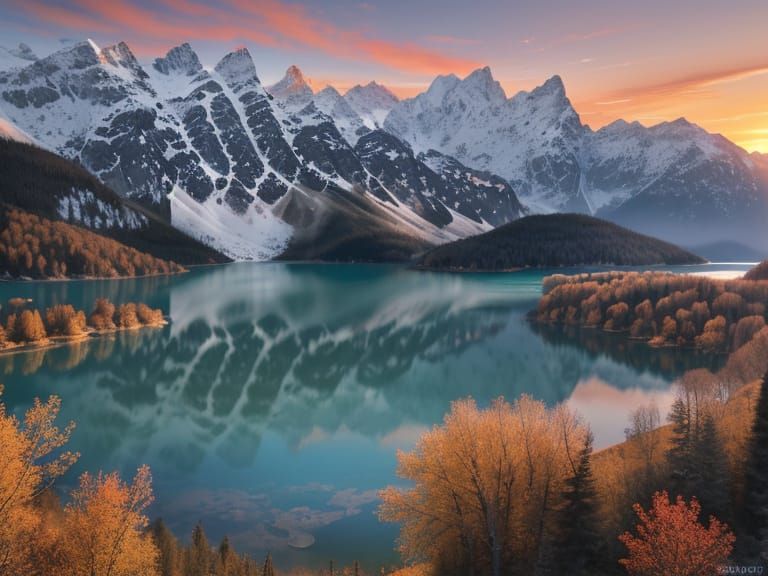 Stunning Alpine Lake at Sunset in Pop Art Style