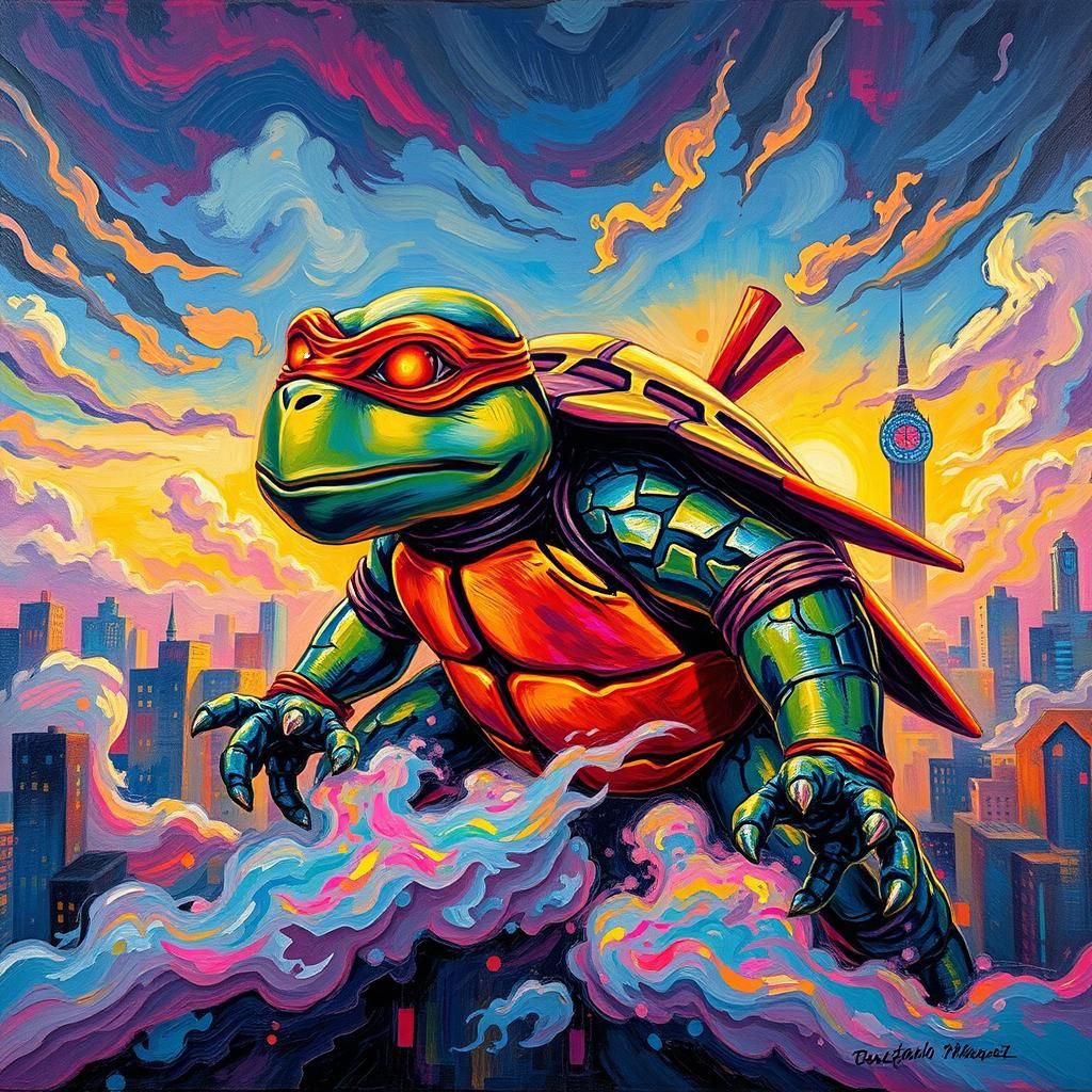Neon Ninja Turtle in Neo-Impressionist Impasto Style