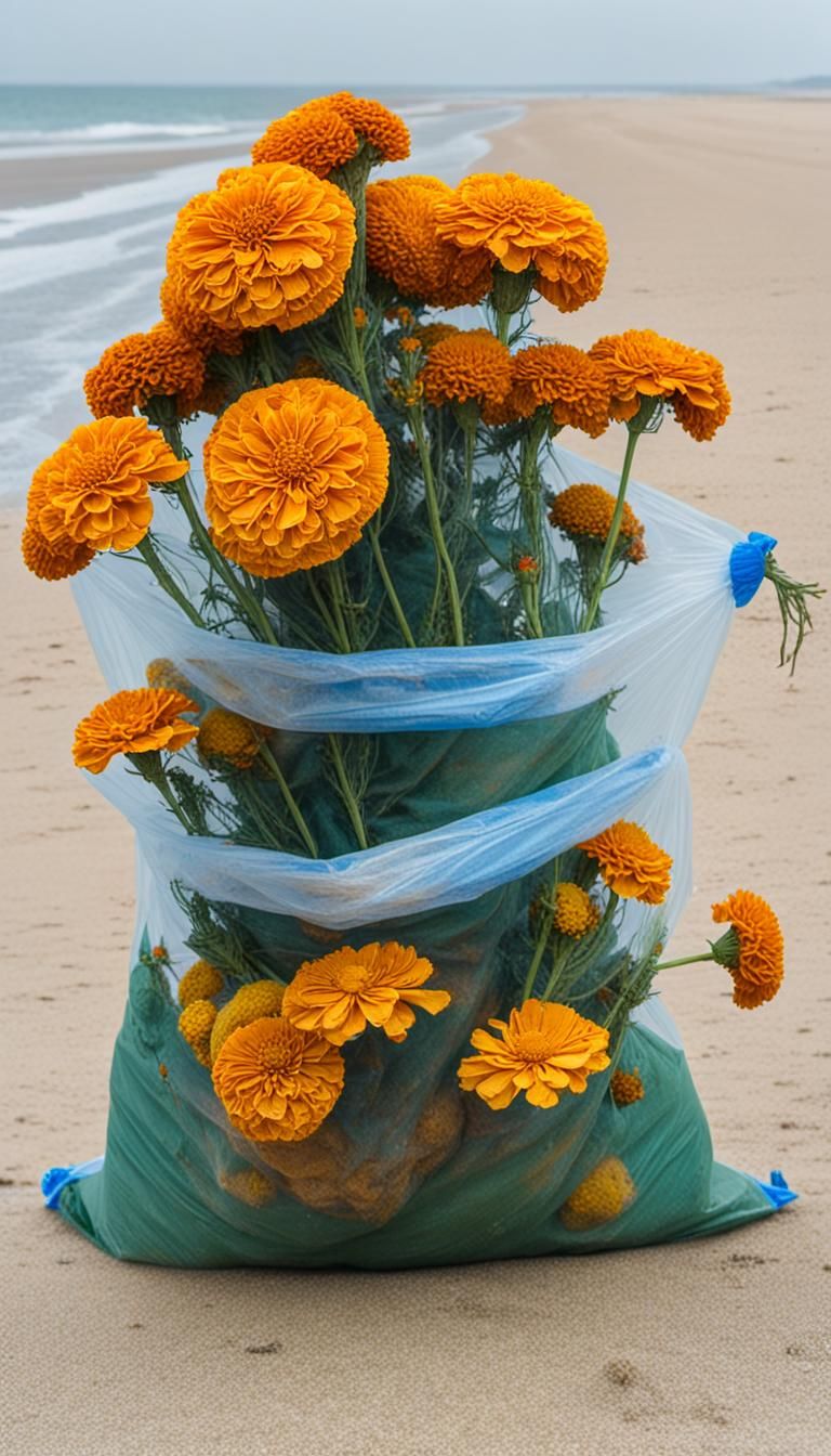 Rotten Marigolds in Plastic Bag on Beach