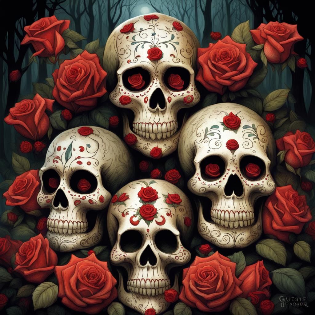 Day of the Dead Sugar Skulls in Dark Forest