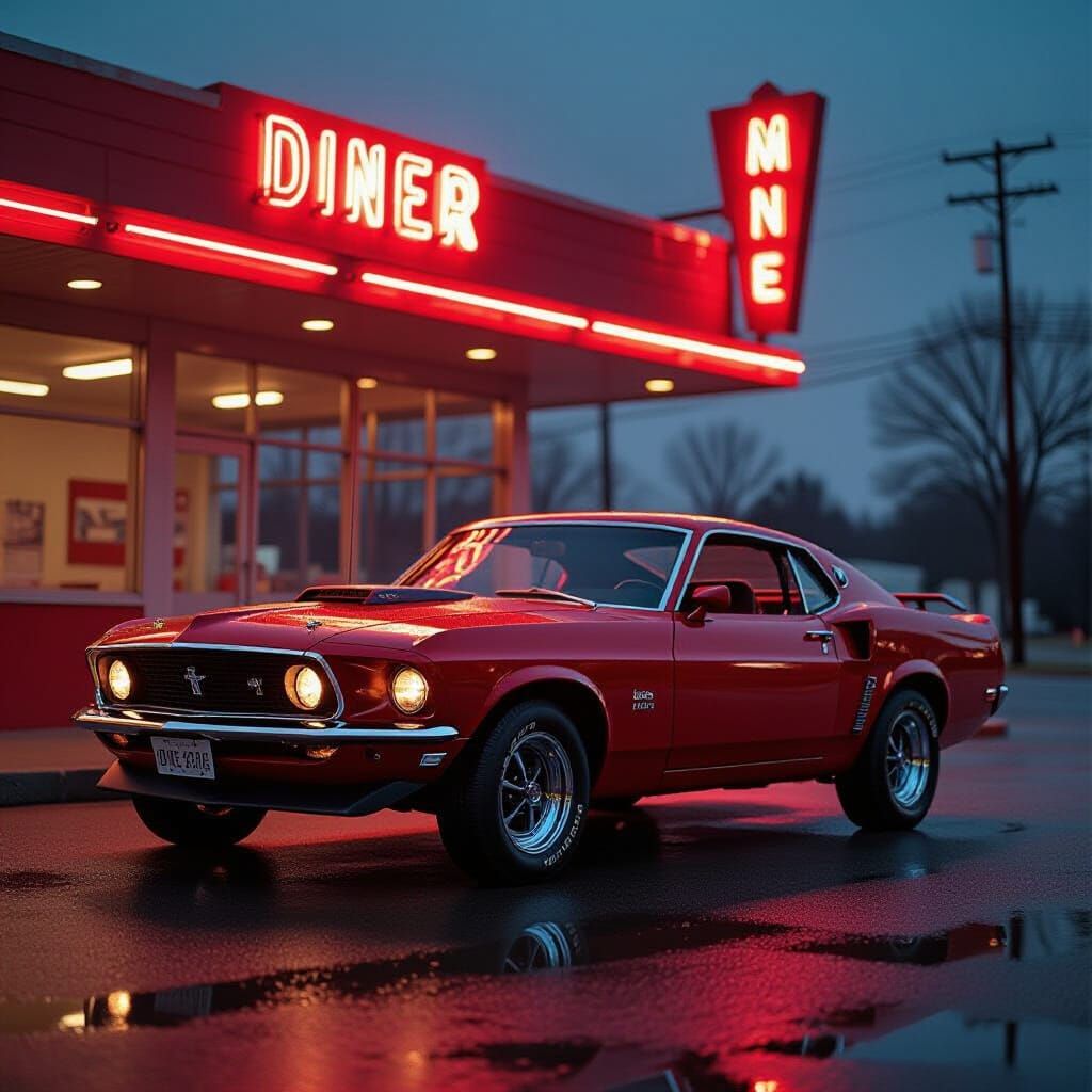 Metallic Red Mustang at Neon Diner