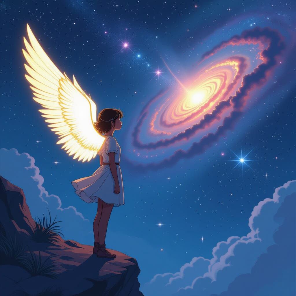 Girl with Glowing Wings in Space: Comic Book Art