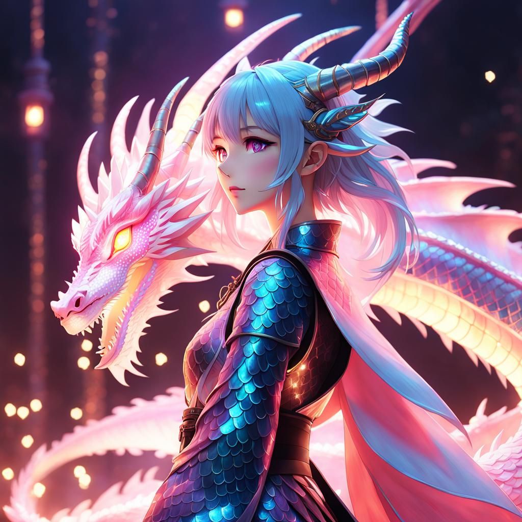 Pastel Anime Dragon-Girl with Neon Pink Light