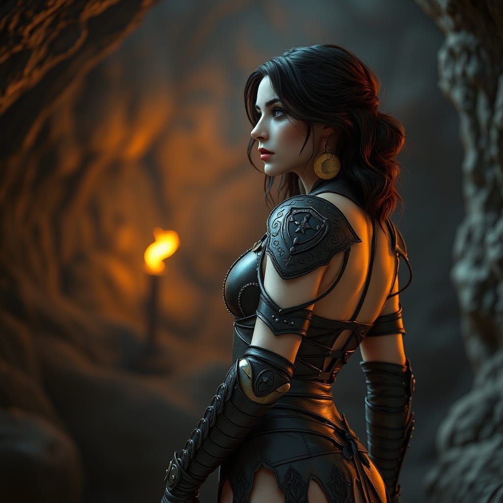 Mystical Enchantress in Leather Armor, Ink-and-Alcohol Style