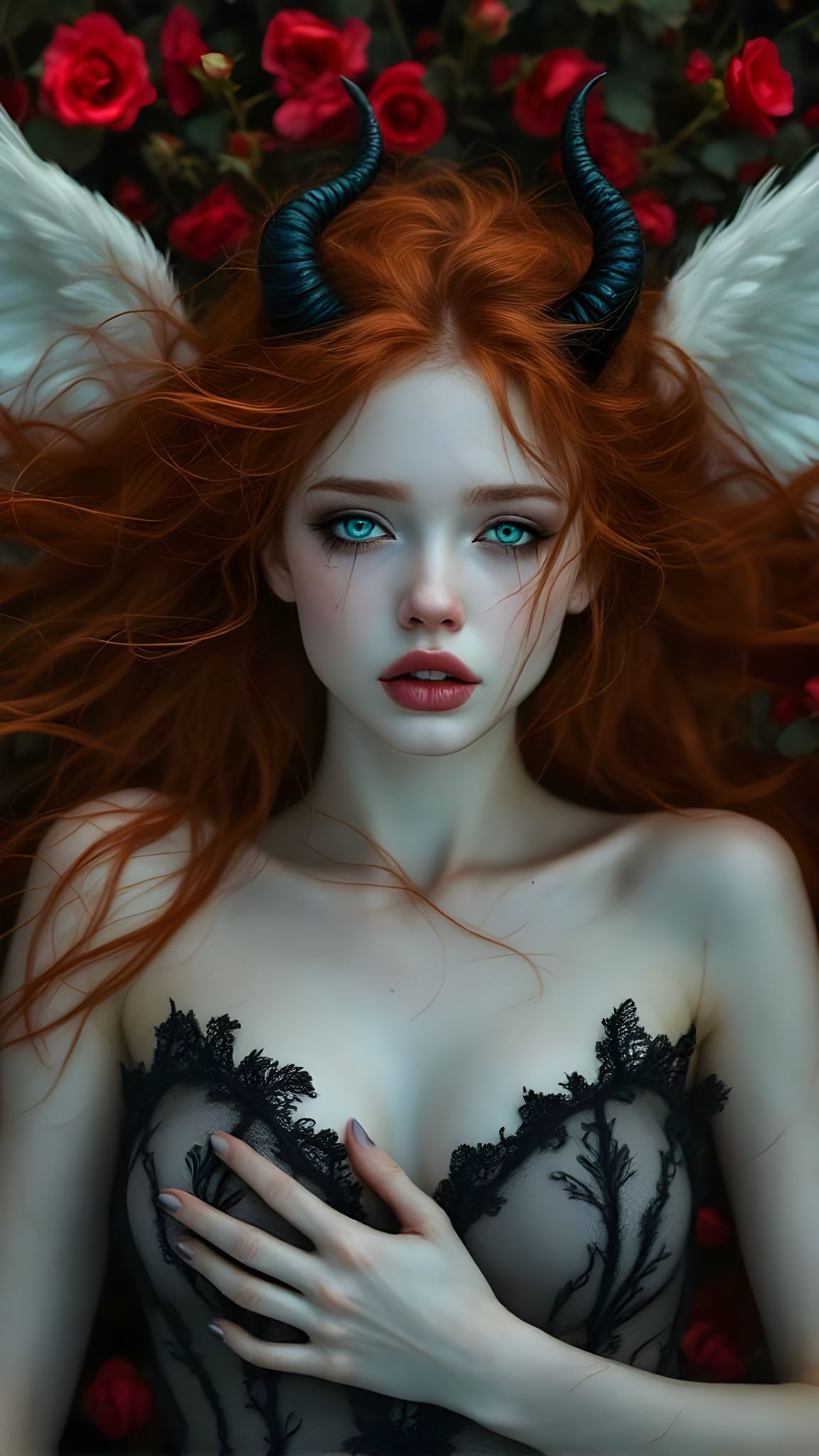 Fallen Angel in Dying Roses, Pre-Raphaelite Style