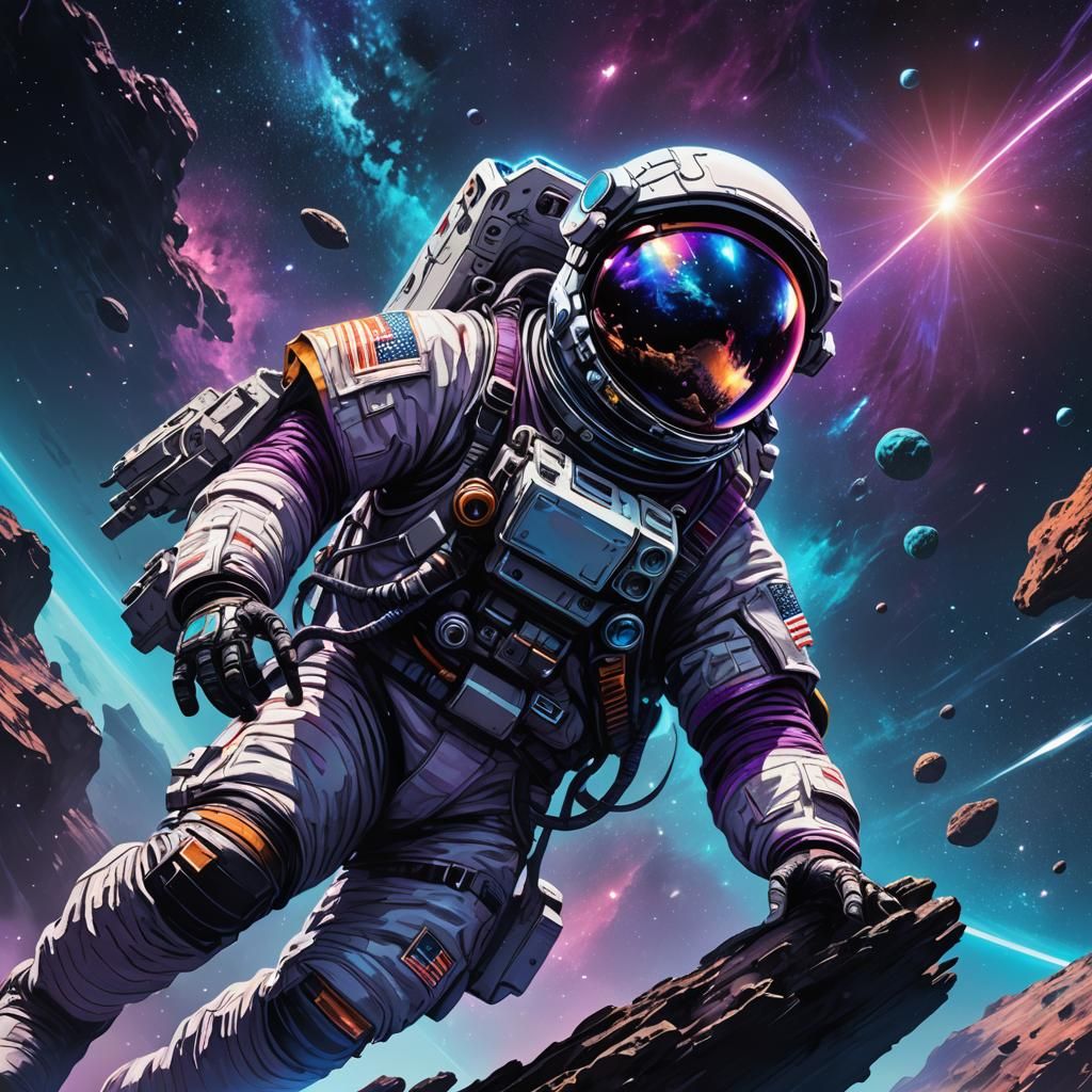 Astronaut Rides Asteroid: Sci-Fi Digital Art
