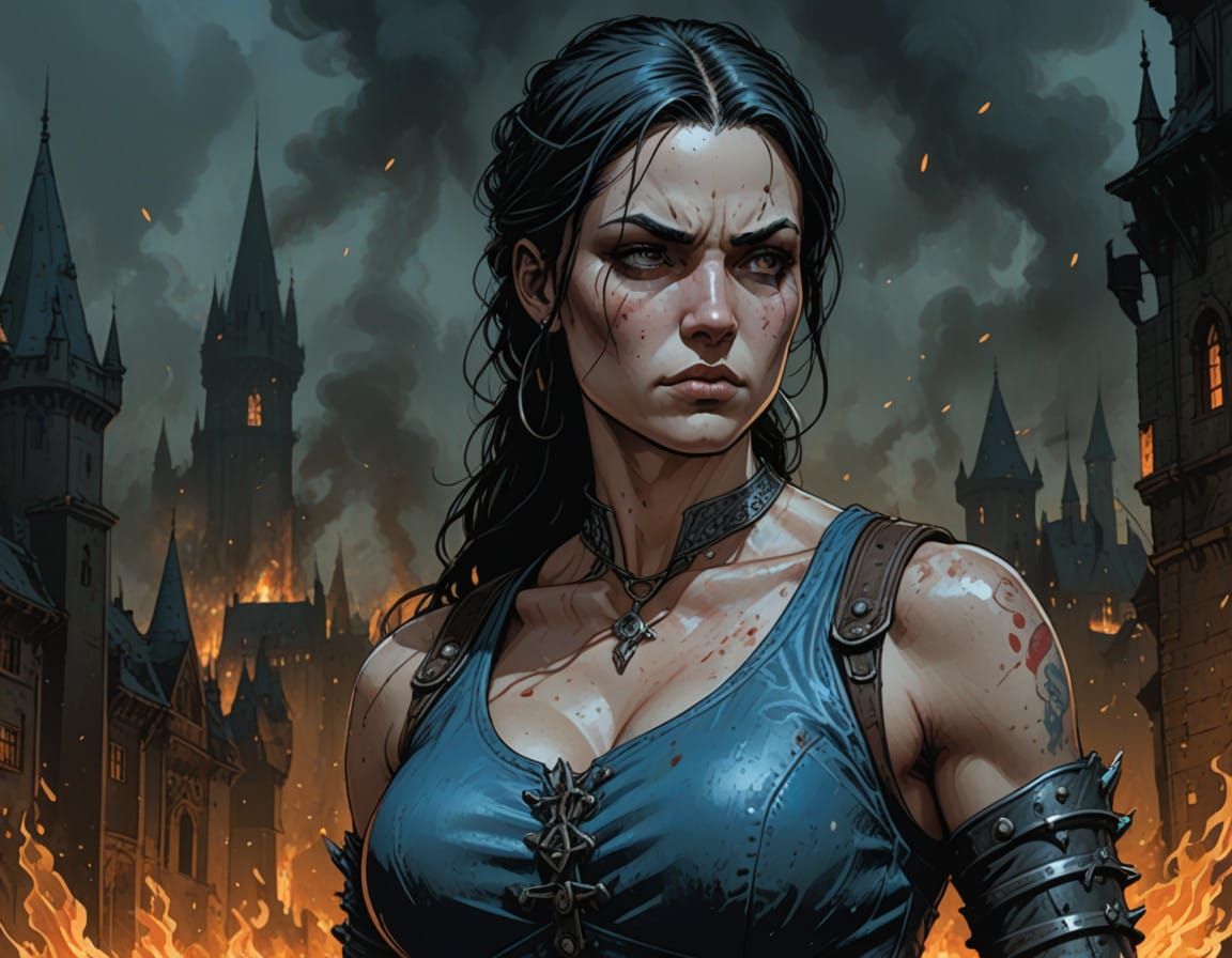 Medieval Warrioress Amidst Burning City in Comic Book Art