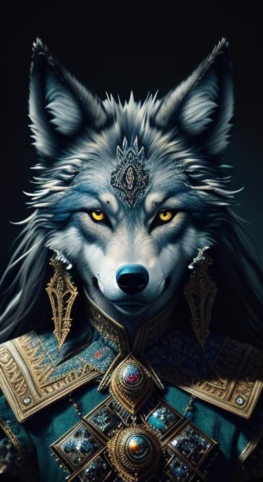 A Wolf woman with Wolf head,face and eyes dressed in extrava...