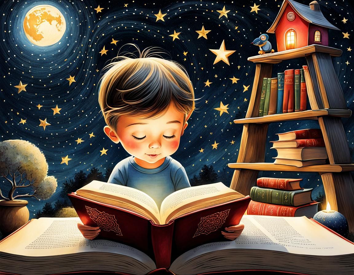 Whimsical Child Reading Illustration in Watercolor