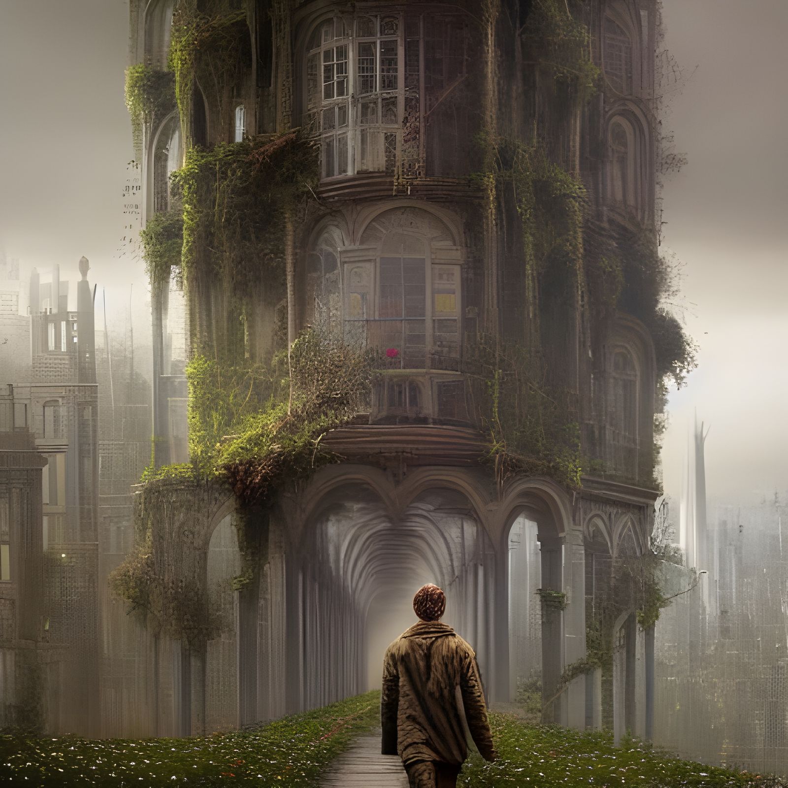 Apocalyptic Cityscape with Traveler in Geometric Art Style