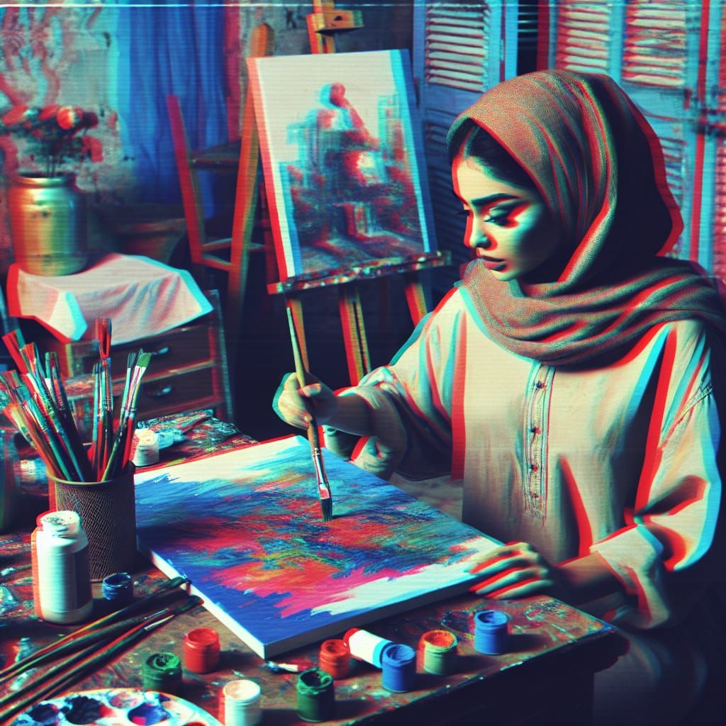 Middle-Eastern Woman Painting in Glitched Anaglyph Style