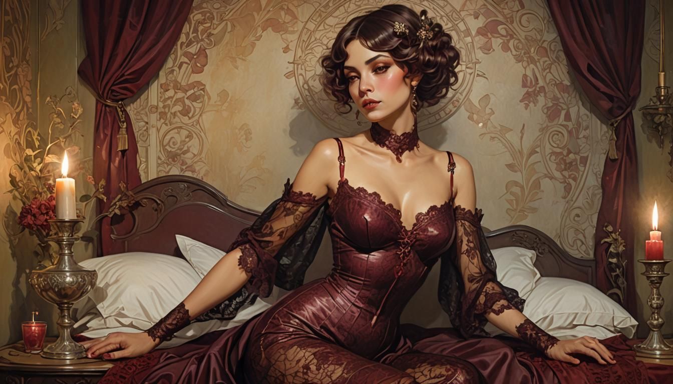 Olive Skinned Woman in Lace Lingerie: Gothic Art Style