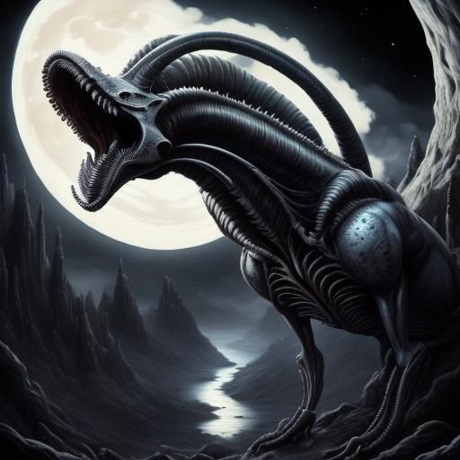 Xenomorph Ink Drawing on Spooky Alien Planet