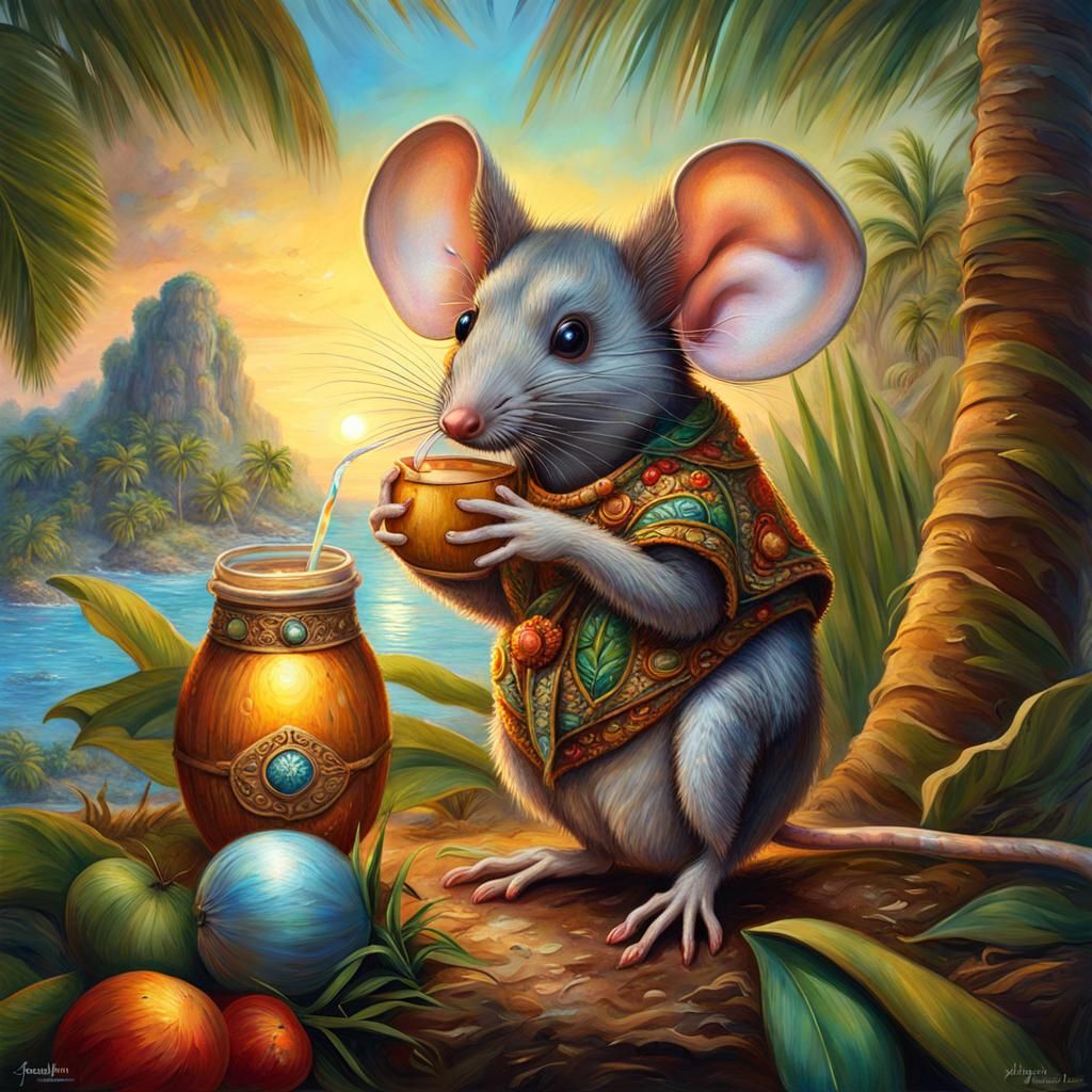 Mouse Sipping Coconut: Tropical Island Storybook Art