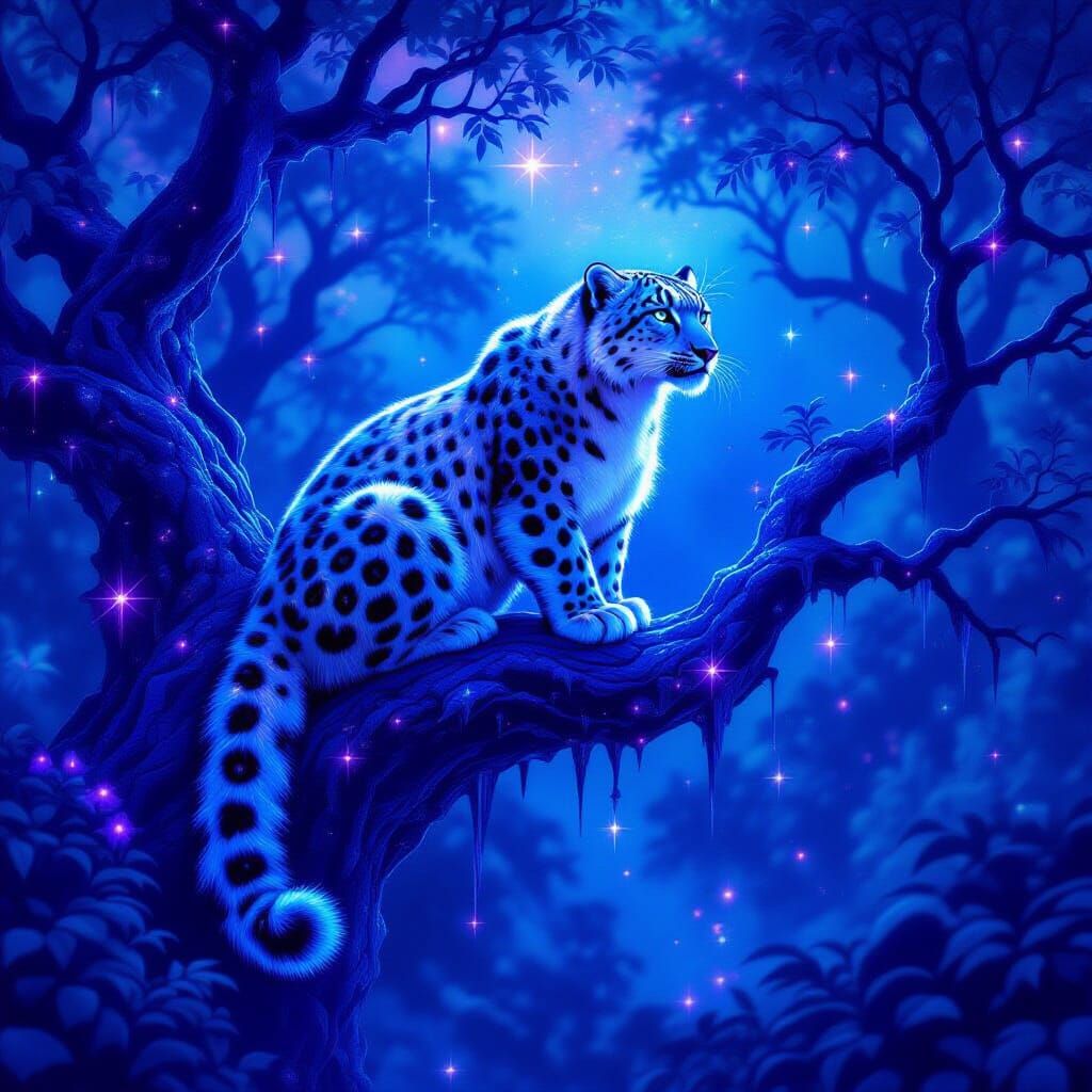 Bioluminescent Snow Leopard in Cosmic Forest