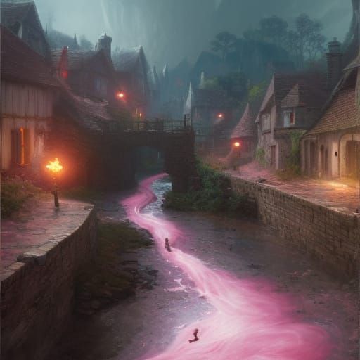 Pink Stream in Fantasy Village, Hyperdetailed Art
