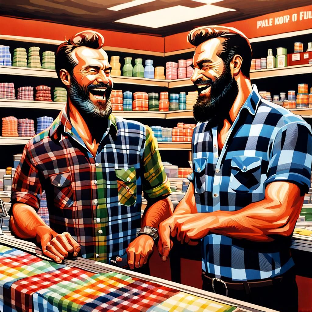 Plaid Shirt Store with Laughing Bearded Men