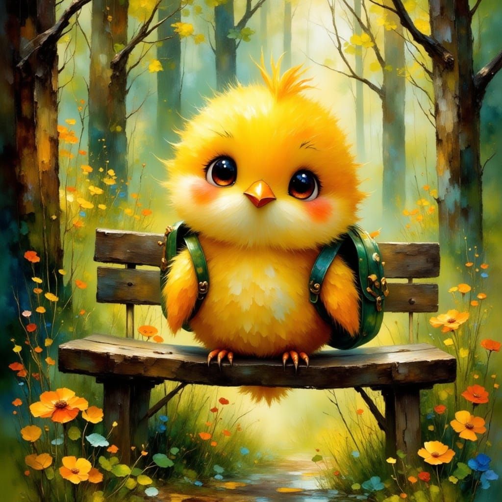Fluffy Yellow Bird on Bench in Whimsical Style