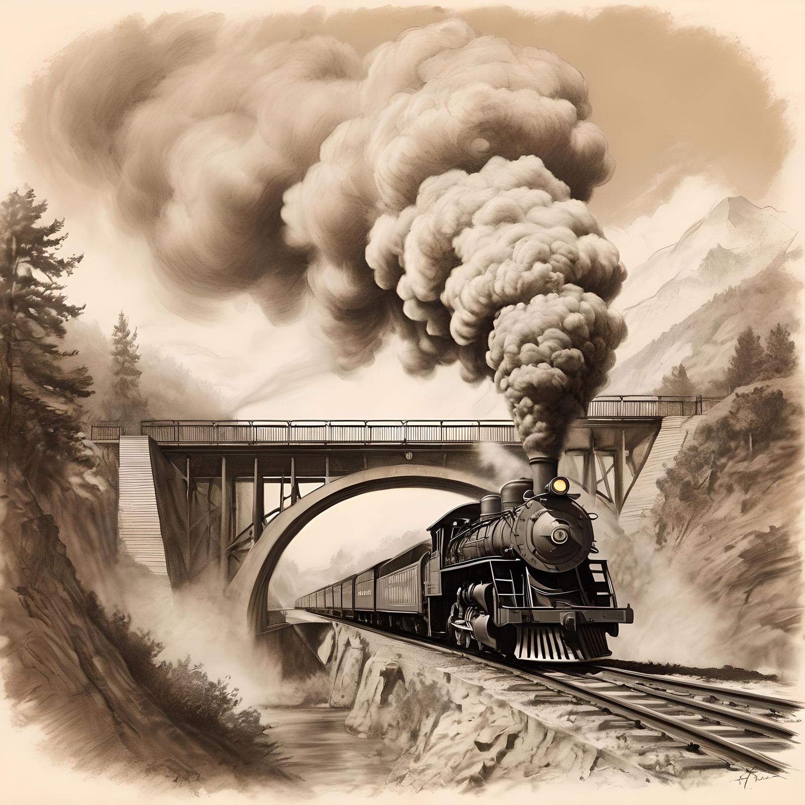 Sepia Charcoal Sketch of Steam Locomotive on Tracks