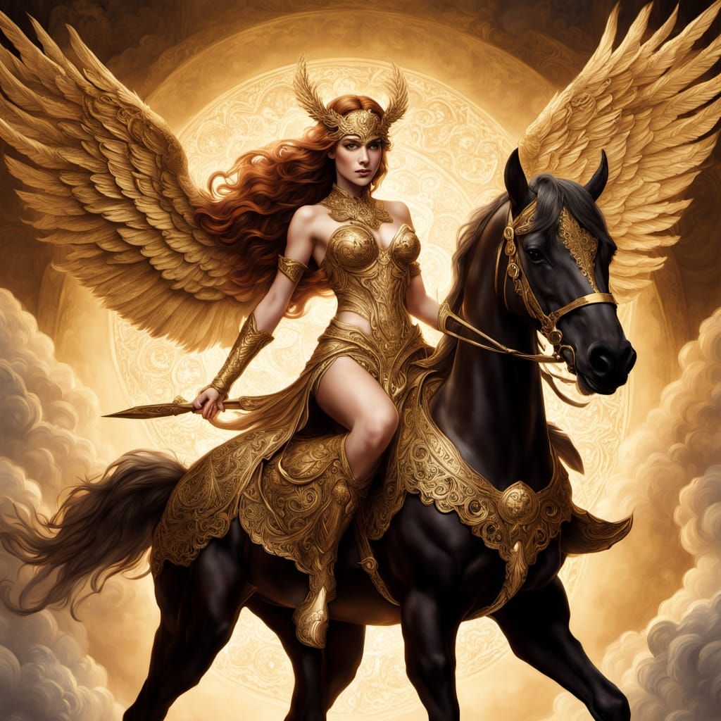 Valkyrie Descends in Ornate Armor with Art Nouveau Filigree