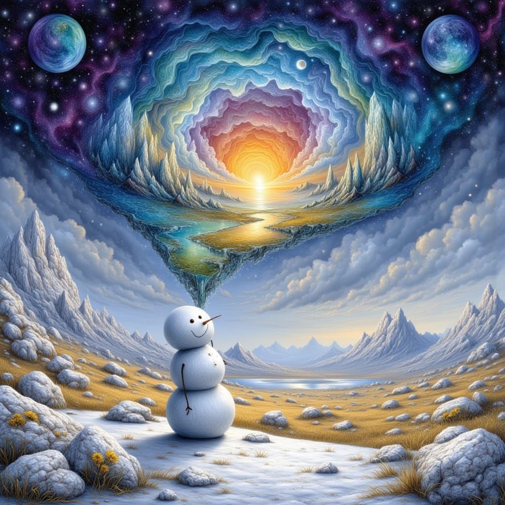 Snowman's Cosmic Summer Dream in Watercolor